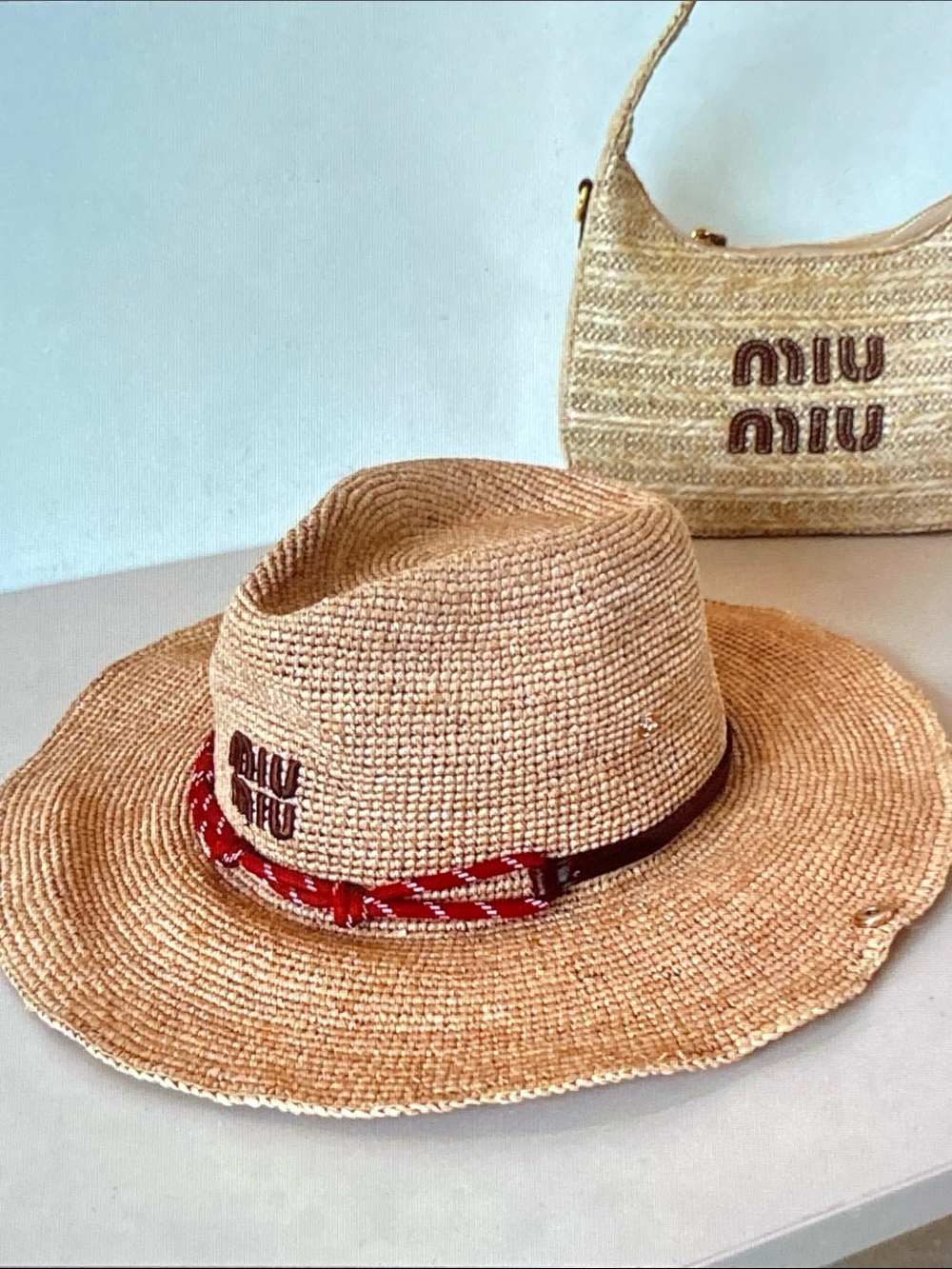 Miu Miu Straw Fedora Hat with Red Band and Embroidered Logo